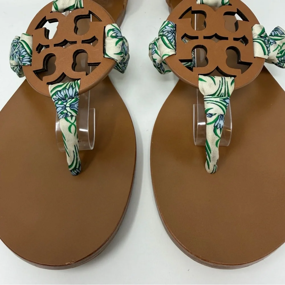 Tory Burch Miller Leather Scarf Thong Sandals Brown White Blue Green Size 11